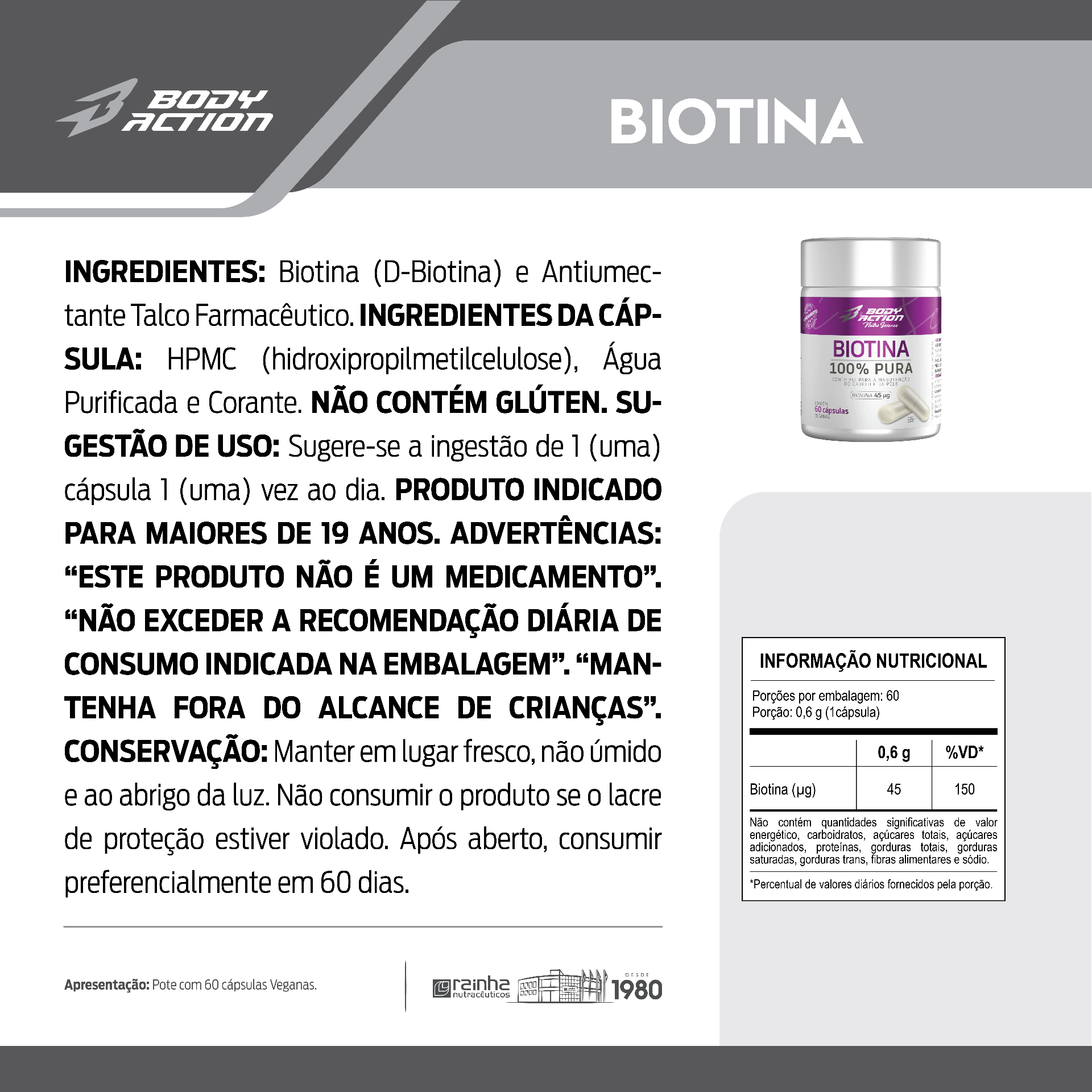 Informações do produto Biotina: ingredientes, modo de uso e informação nutricional